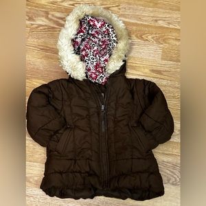 London Fog Hooded Puffer Coat Jacket Lined Faux Fur Lined Brown Floral Accents